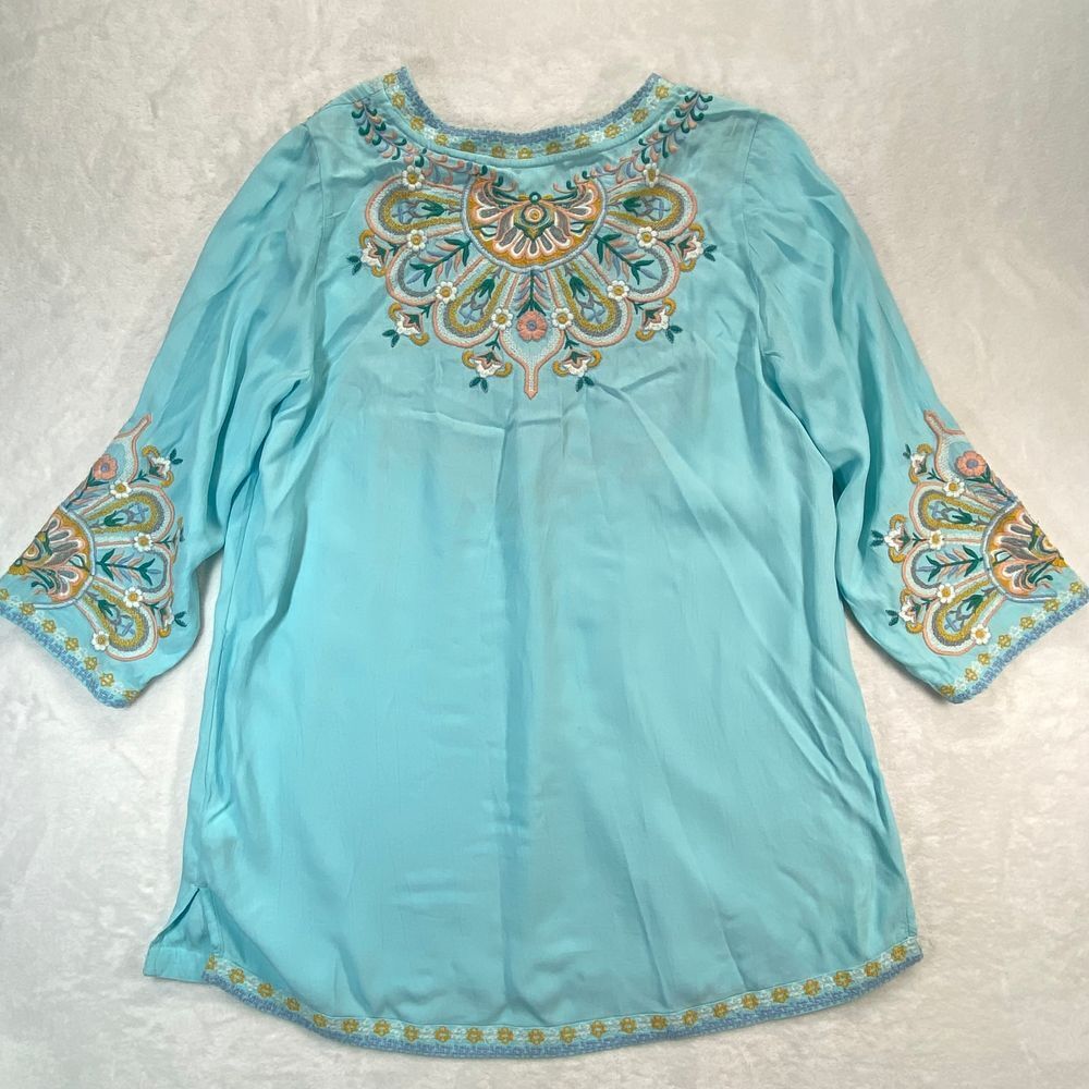 Soft Surroundings Turquoise Embroidered Tunic Top Boho Paisley Floral Pattern XS - Picture 7 of 8